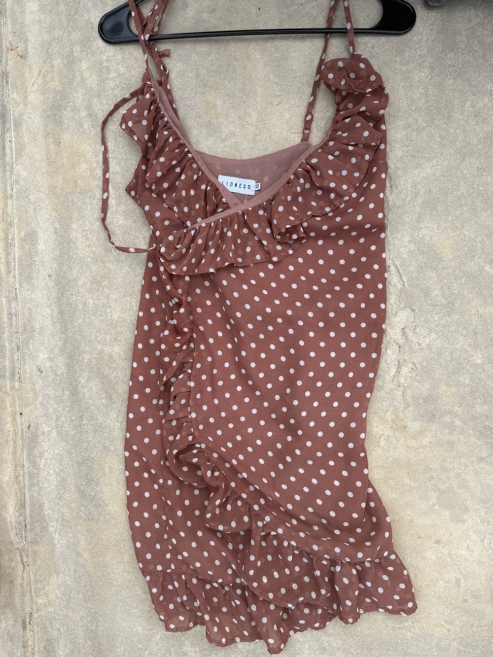 Lioness Rust Brown Polka Dot Ruffle Slip Dress